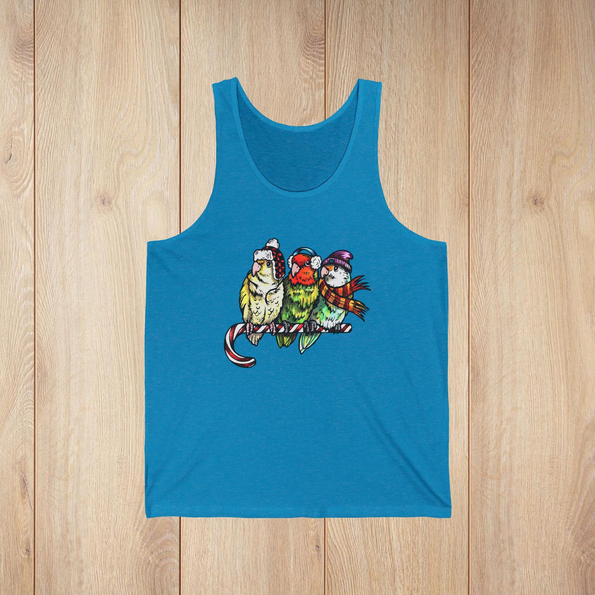 Aqua TriBlend 3 Lovebirds in Winter Wear & Perched on a Candy Cane, Unisex Jersey Tank Top