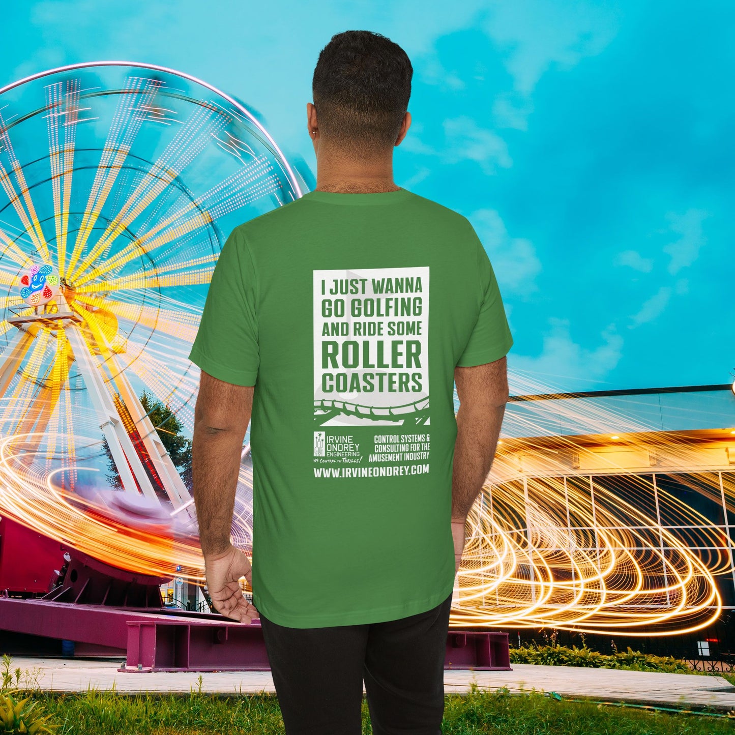 I Just Wanna Go Golfing & Ride Roller Coasters Tee (BACK graphic) • Irvine Ondrey Engineering