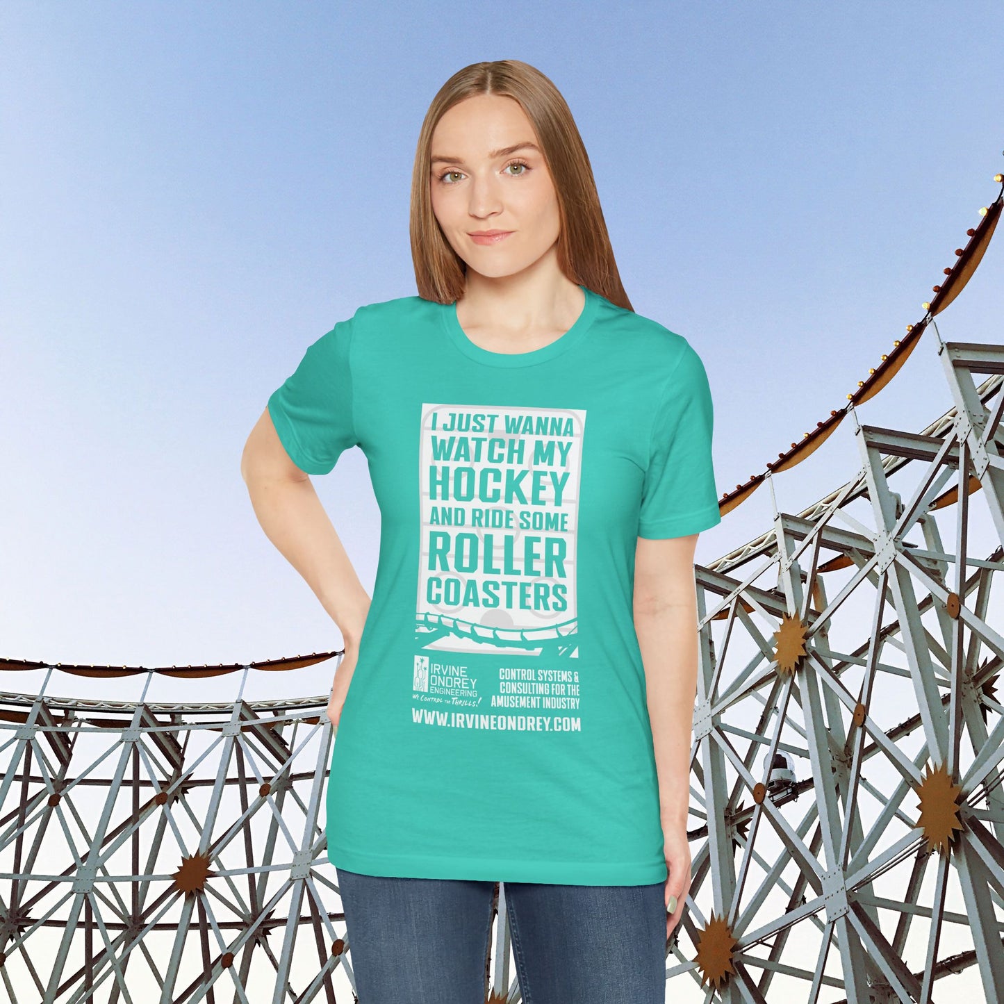 I Just Wanna Watch Hockey & Ride Roller Coasters Tee (FRONT graphic) • Irvine Ondrey Engineering