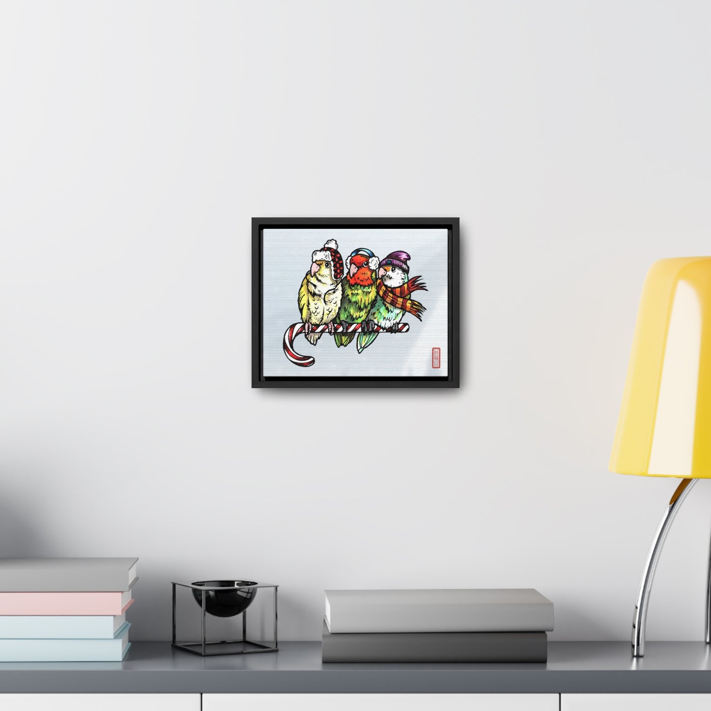 3 Lovebirds with Winter Wear & Perched on a Candy Cane, Framed Canvas Wrap Wall Art
