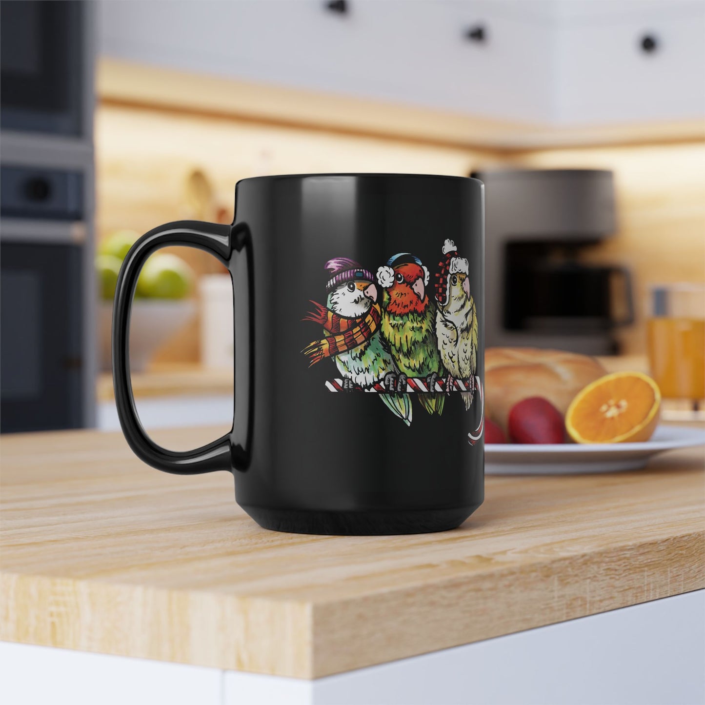 3 Lovebirds With Winter Wear & Perched on a Candy Cane, 11oz or 15oz Mug