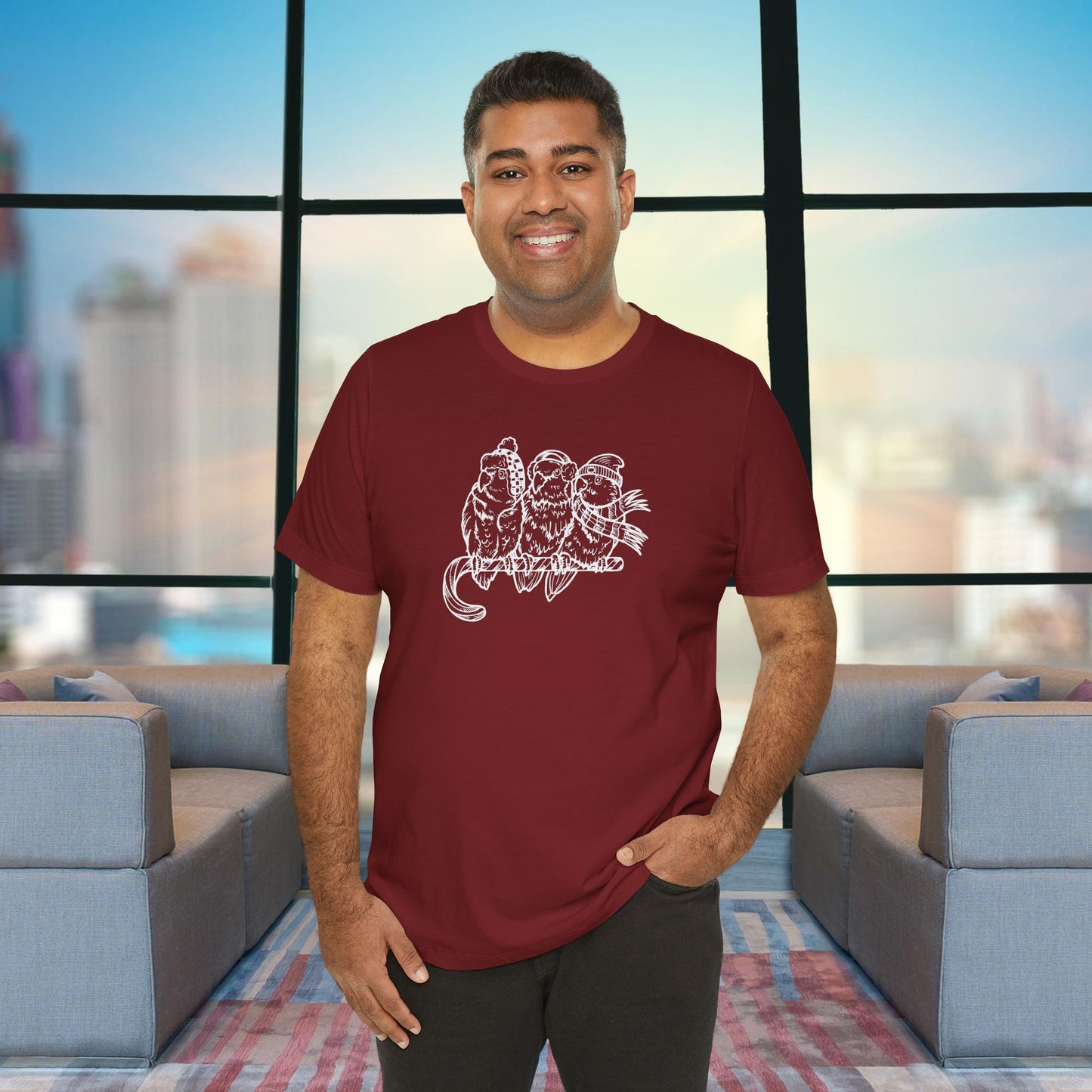 3 Lovebirds in Winter Wear & Perched on a Candy Cane, Line Art Tee