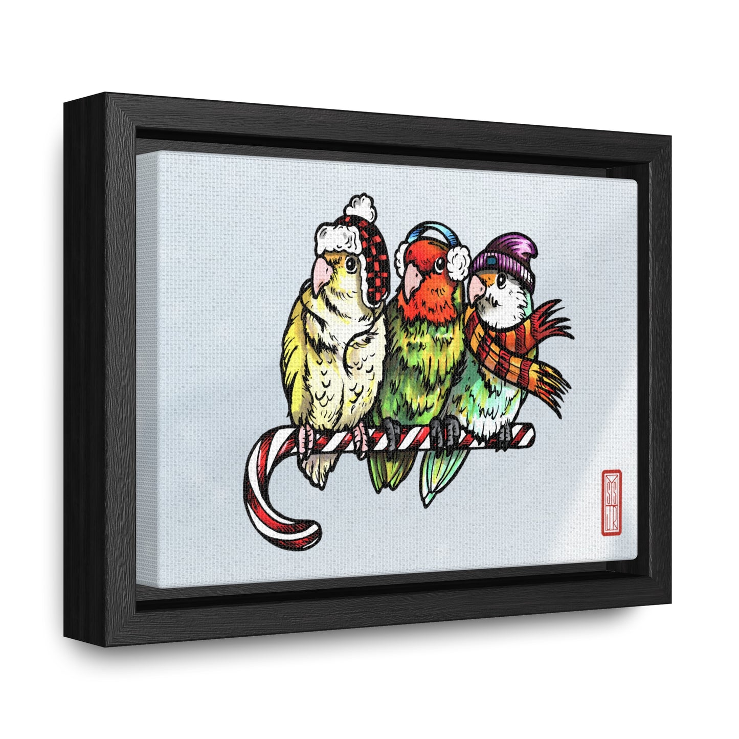 3 Lovebirds with Winter Wear & Perched on a Candy Cane, Framed Canvas Wrap Wall Art