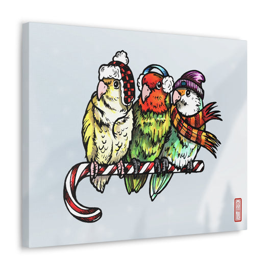 3 Lovebirds with Winter Wear & Perched on a Candy Cane, Canvas Wrap Wall Art