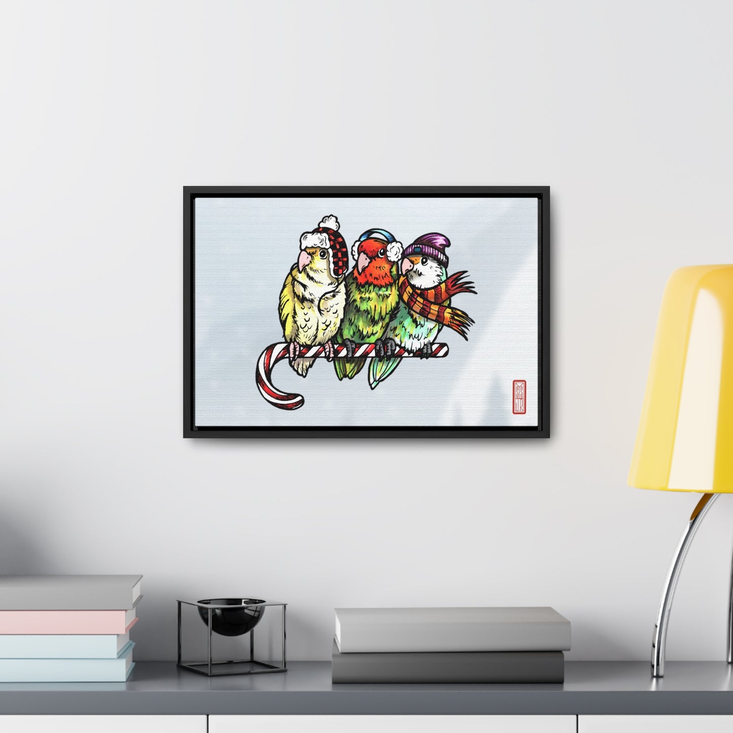 3 Lovebirds with Winter Wear & Perched on a Candy Cane, Framed Canvas Wrap Wall Art