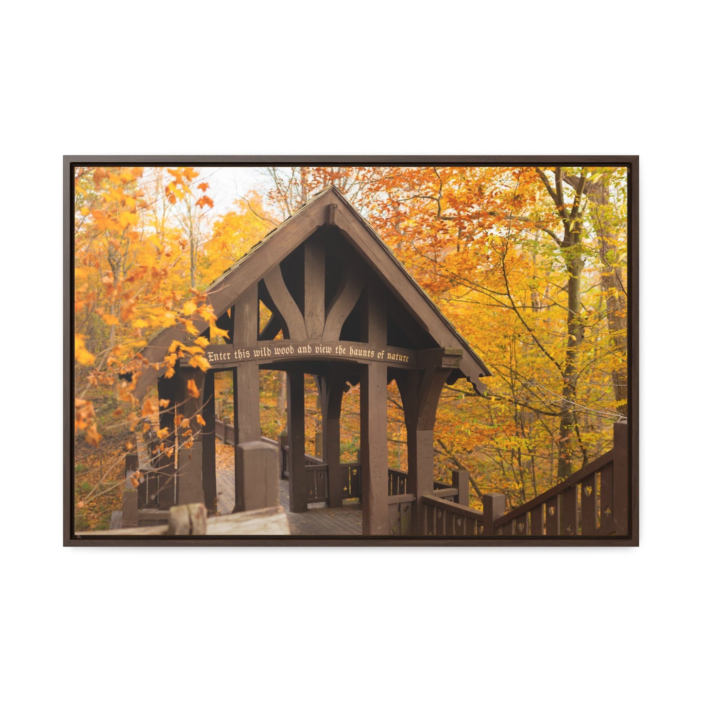 7 Bridges Trail’s Covered Bridge at Grant Park in South Milwaukee Wisconsin, Photography Framed Canvas Wrap Wall Art