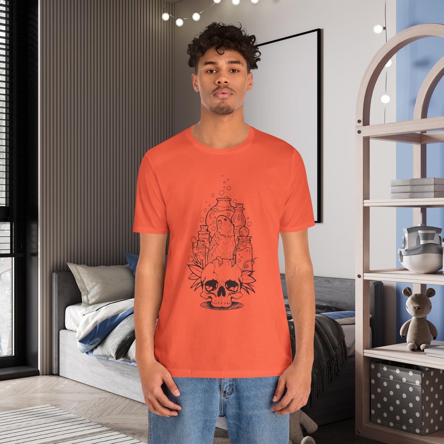 Crazy Scientist Lovebird Sitting on a Skull, Line Art Tee