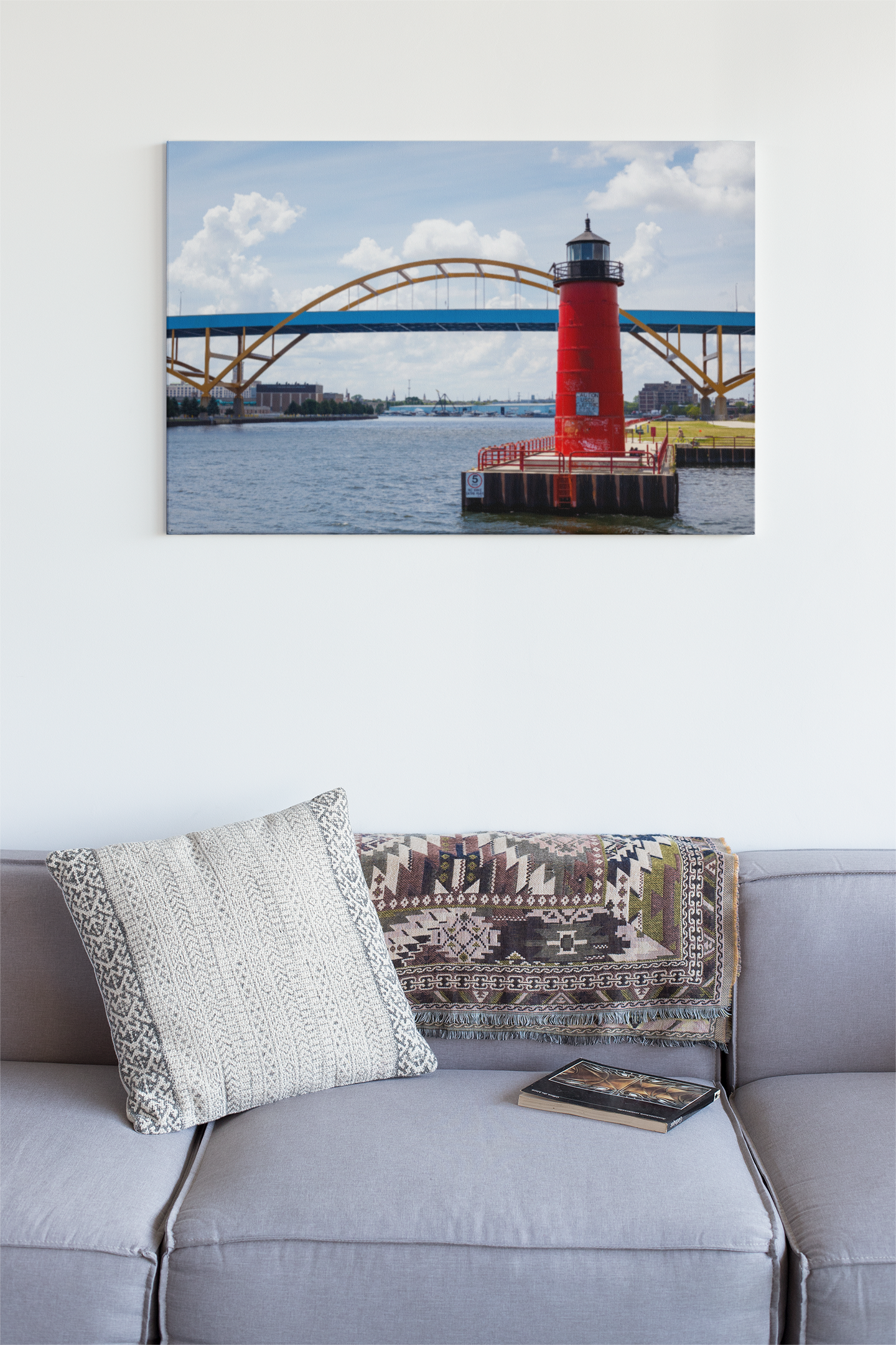 Puente y faro de Milwaukee Wisconsin Hoan; Milwaukee Pierhead Light, fotografía lienzo envoltura arte de pared
