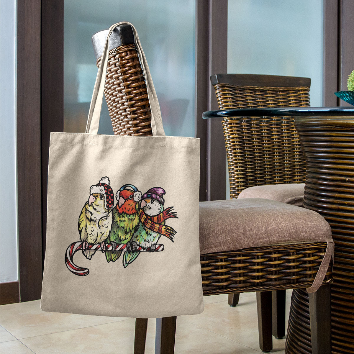 3 Lovebirds with Winter Wear & Perched on a Candy Cane, Cotton Canvas Tote Bag