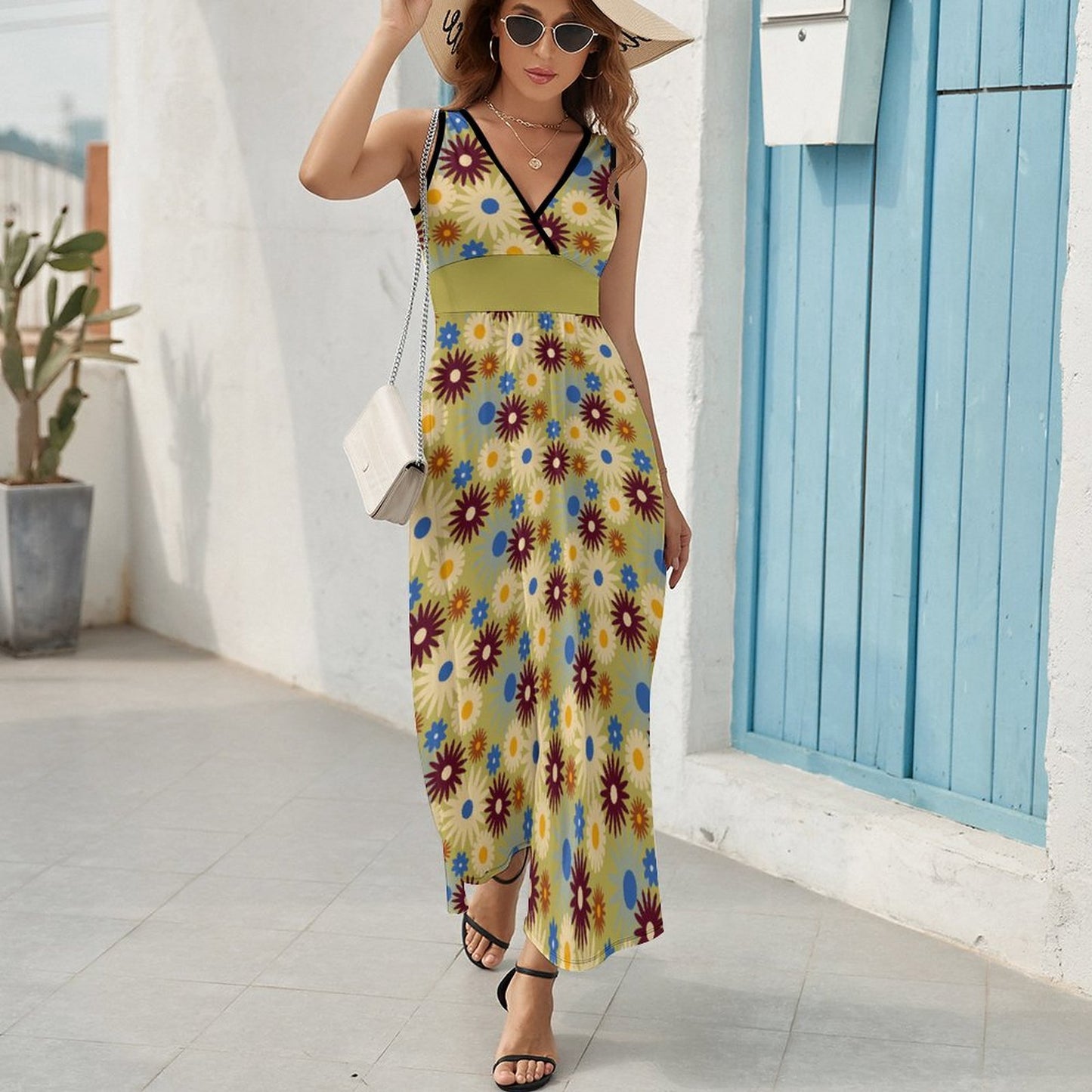 70s Floral Retro | V Neck Sleeveless Dress NZ028 (All-Over Printing)