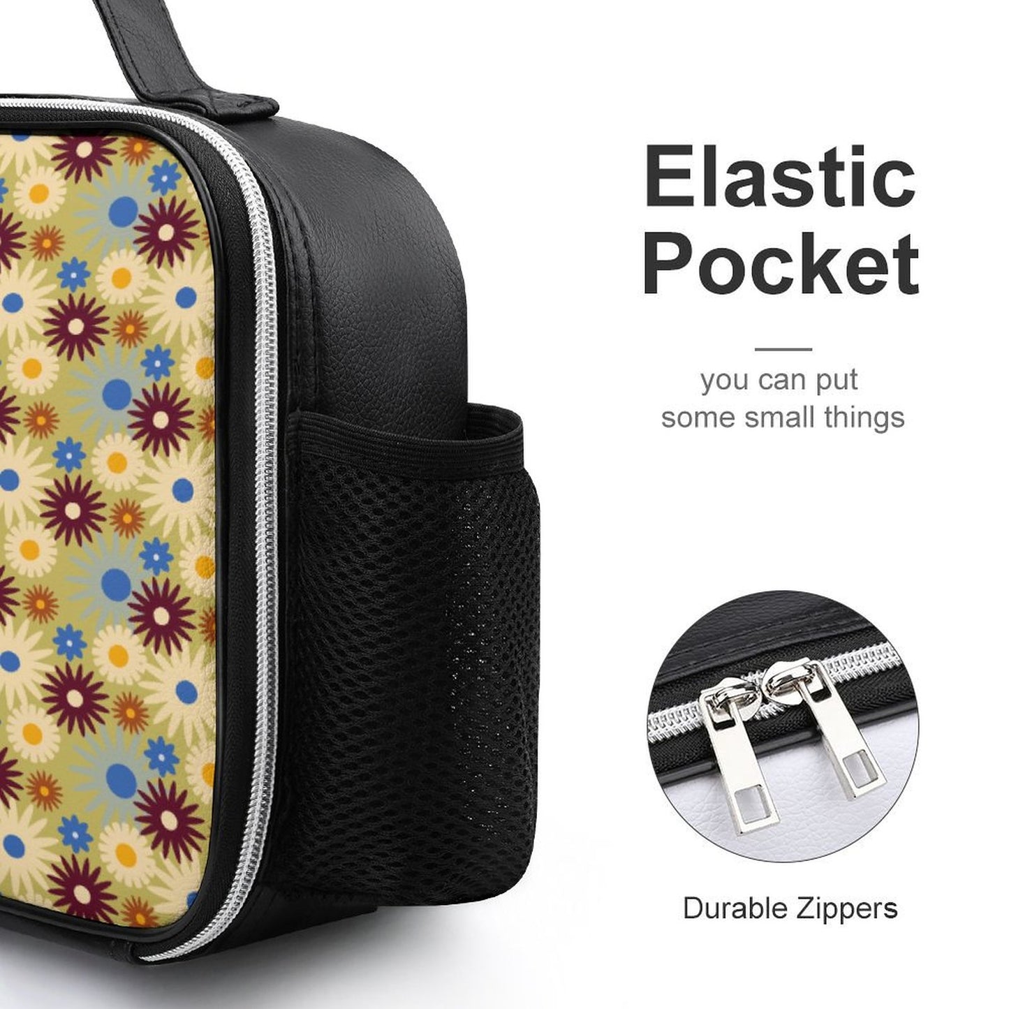 70s Floral Retro | PU Leak-proof Lunch Bag with Detachable Buckled Handle