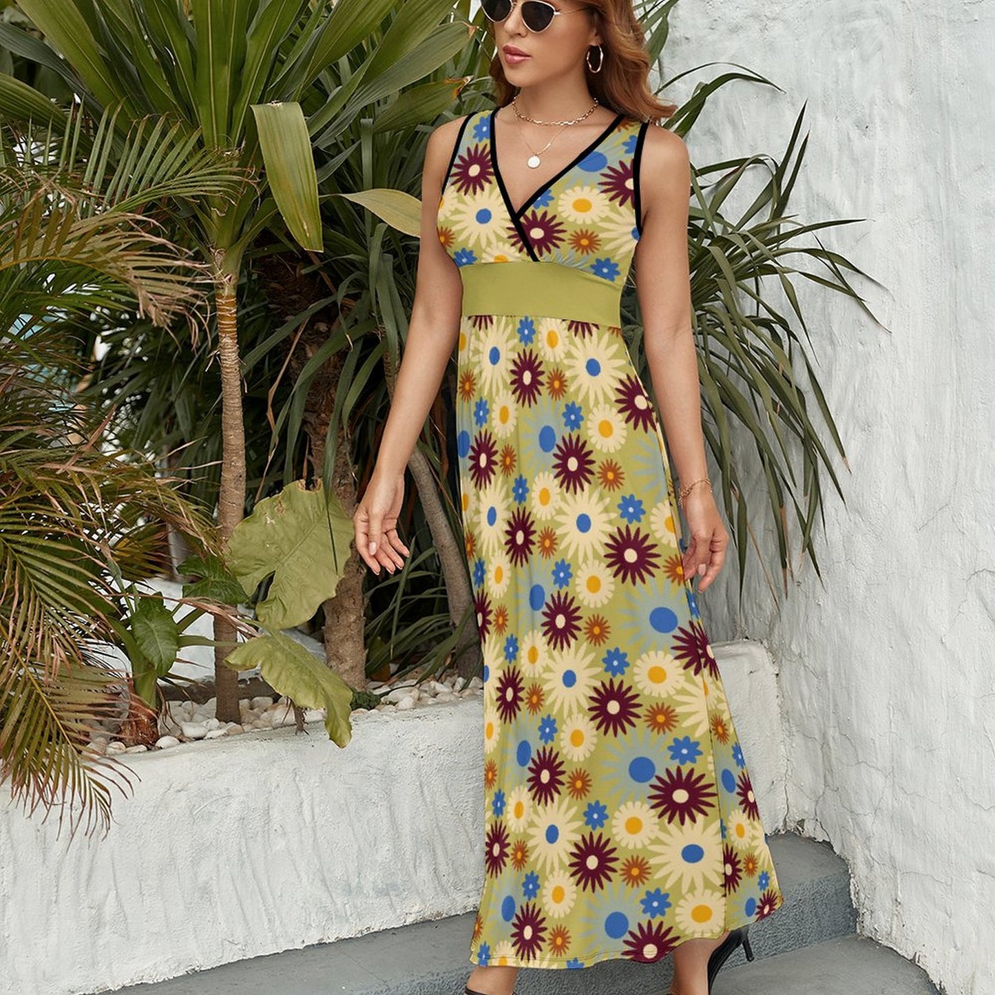 70s Floral Retro | V Neck Sleeveless Dress NZ028 (All-Over Printing)