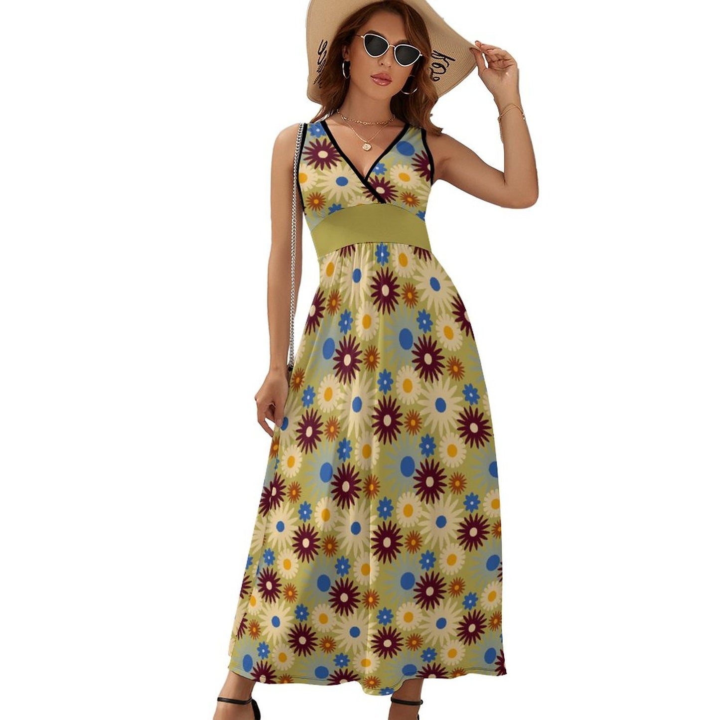 70s Floral Retro | V Neck Sleeveless Dress NZ028 (All-Over Printing)