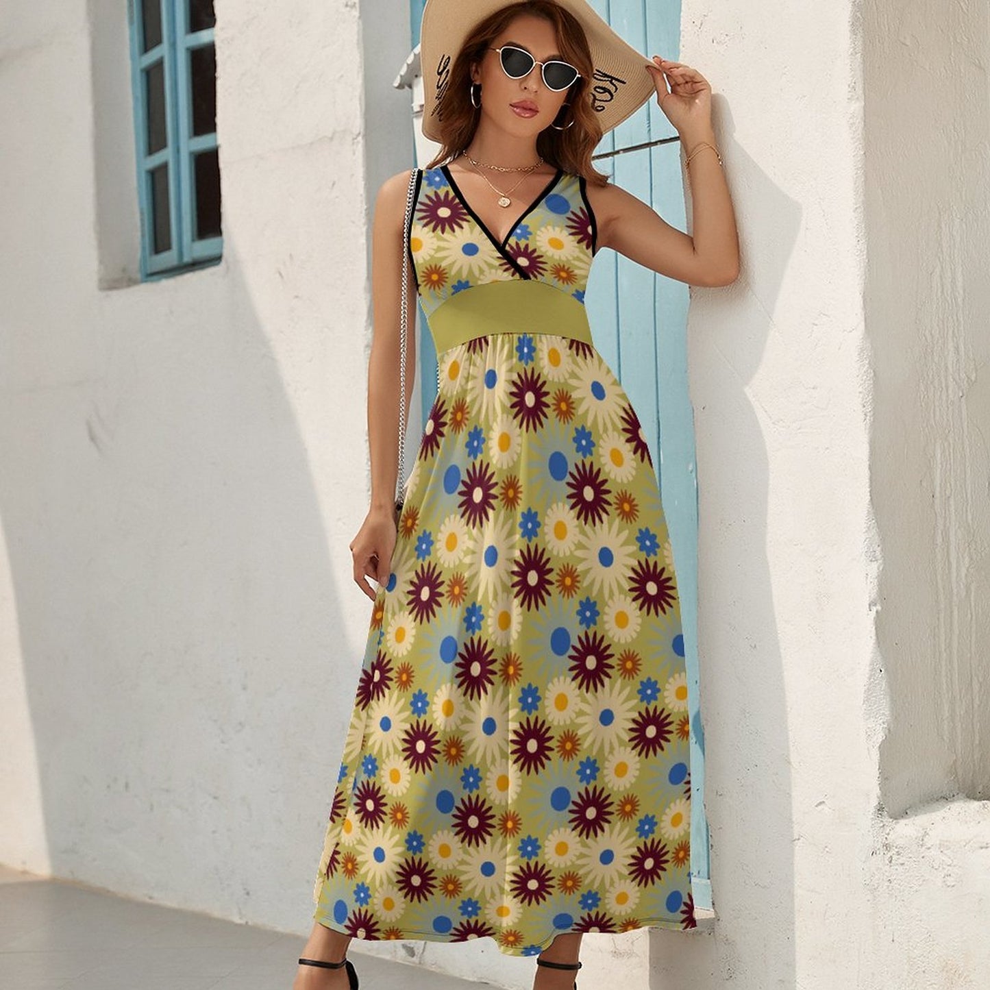 70s Floral Retro | V Neck Sleeveless Dress NZ028 (All-Over Printing)