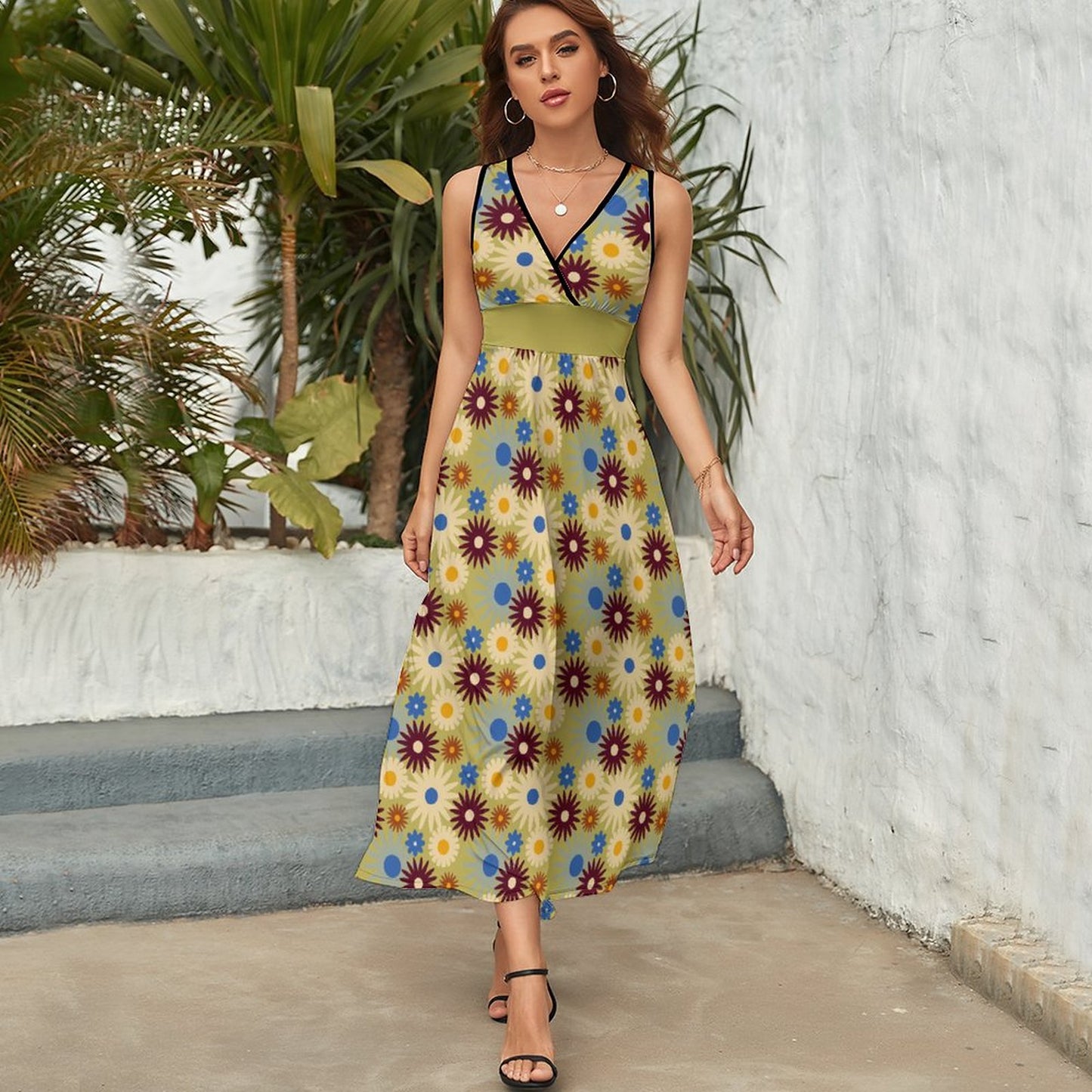 70s Floral Retro | V Neck Sleeveless Dress NZ028 (All-Over Printing)