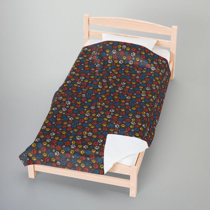 Blue & Red Ohio Paw Prints Brown Velveteen Plush Blanket