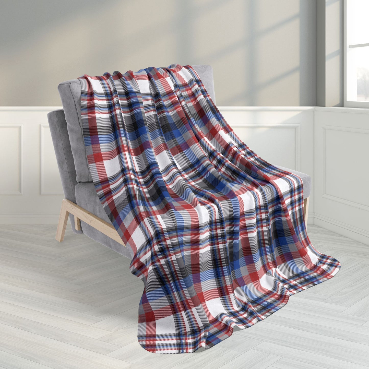 50" × 60" White, Grey, Red & Blue Gurnee IL Plaid Fleece Sherpa Blanket