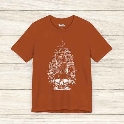 Crazy Scientist Lovebird Sitting on a Skull, Line Art Tee