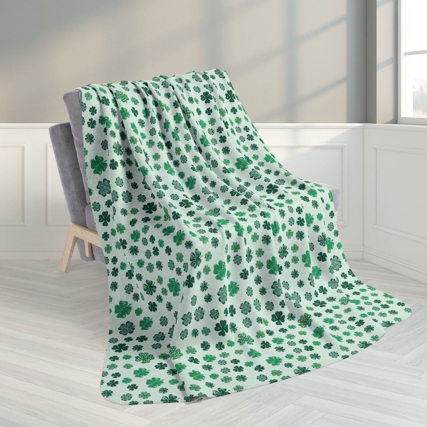 60" × 80" Grey St. Patrick's Day Mint Shamrocks Fleece Sherpa Blanket