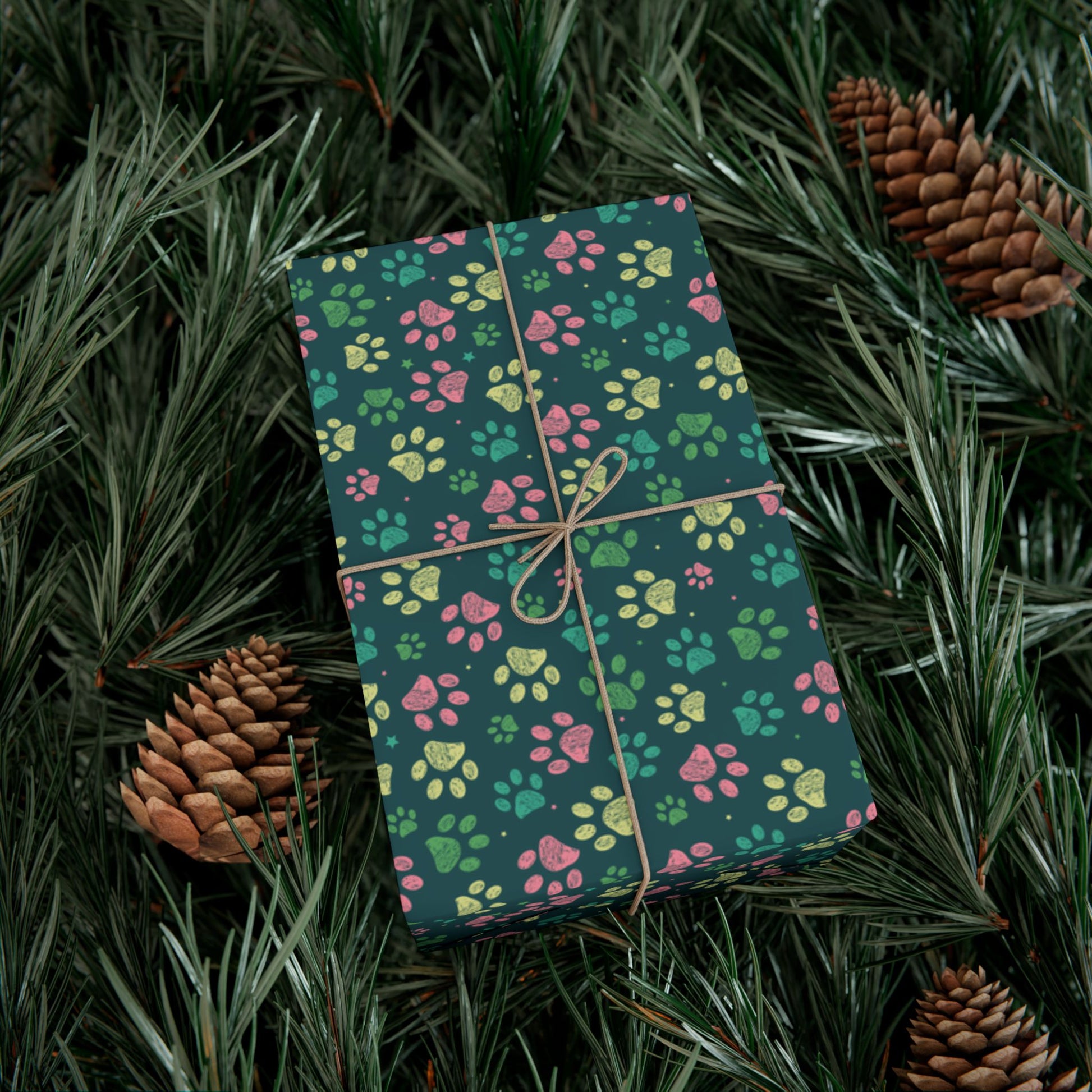 MCM Christmas Pink, Teal & Green Paw Print Gift Wrapping Paper Roll