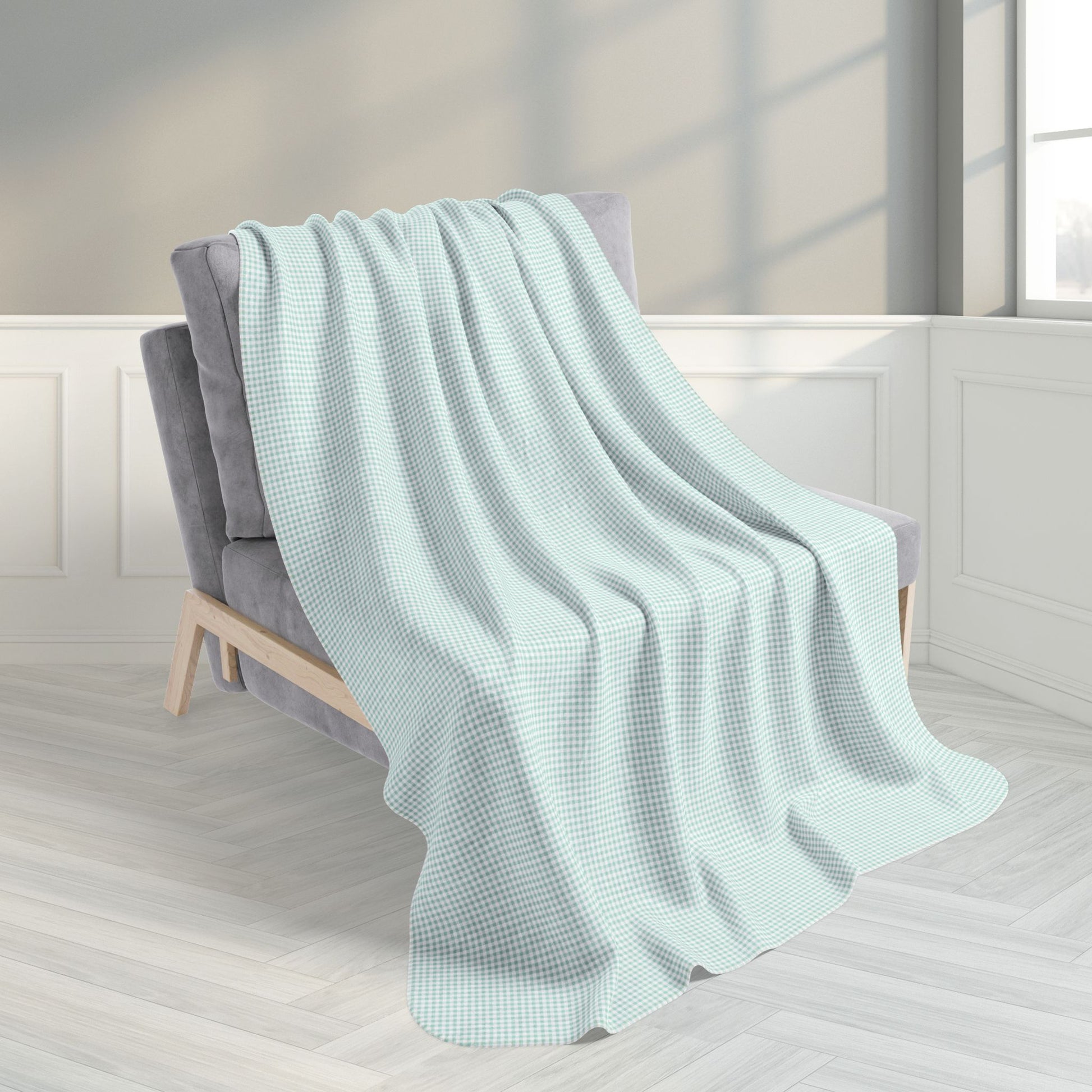 Mint Green & White Gingham Fleece Sherpa Blanket