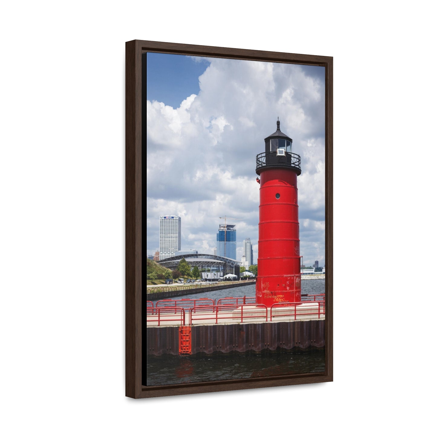 Milwaukee Wisconsin Lighthouse & Skyline; Milwaukee Pierhead Light, Photography Framed Canvas Wrap Wall Art