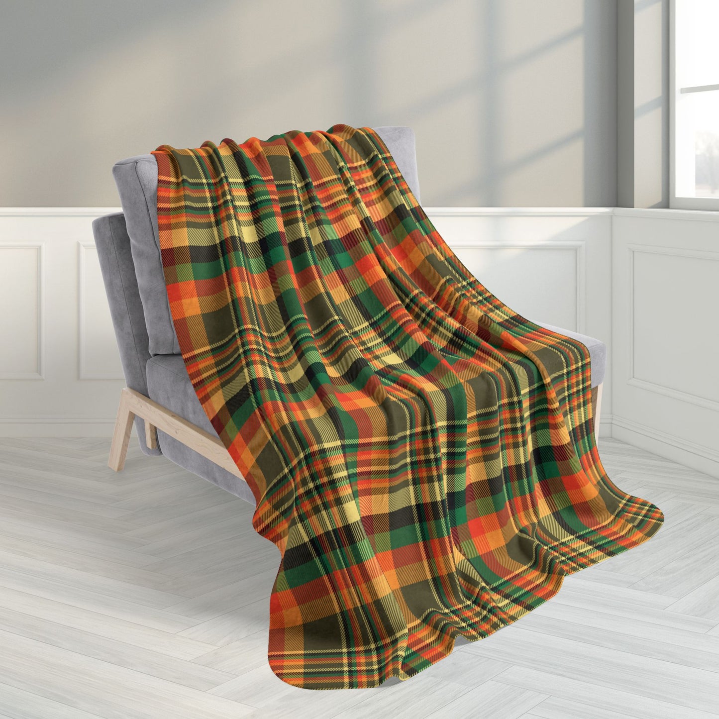 50" × 60" Dark Green, Orange & Gold Elysburg PA Plaid Fleece Sherpa Blanket