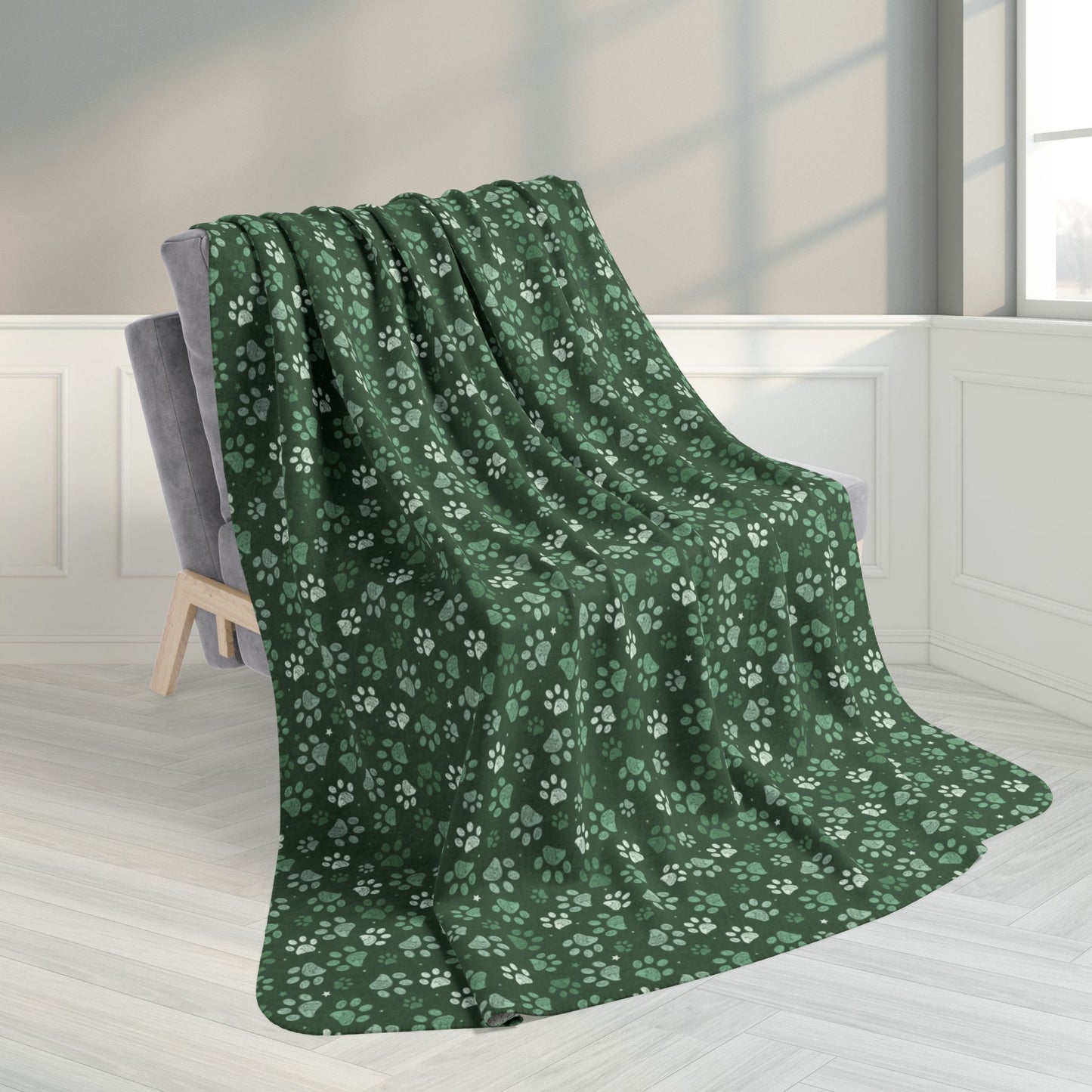 60" × 80" Green Paw Prints Fleece Sherpa Blanket