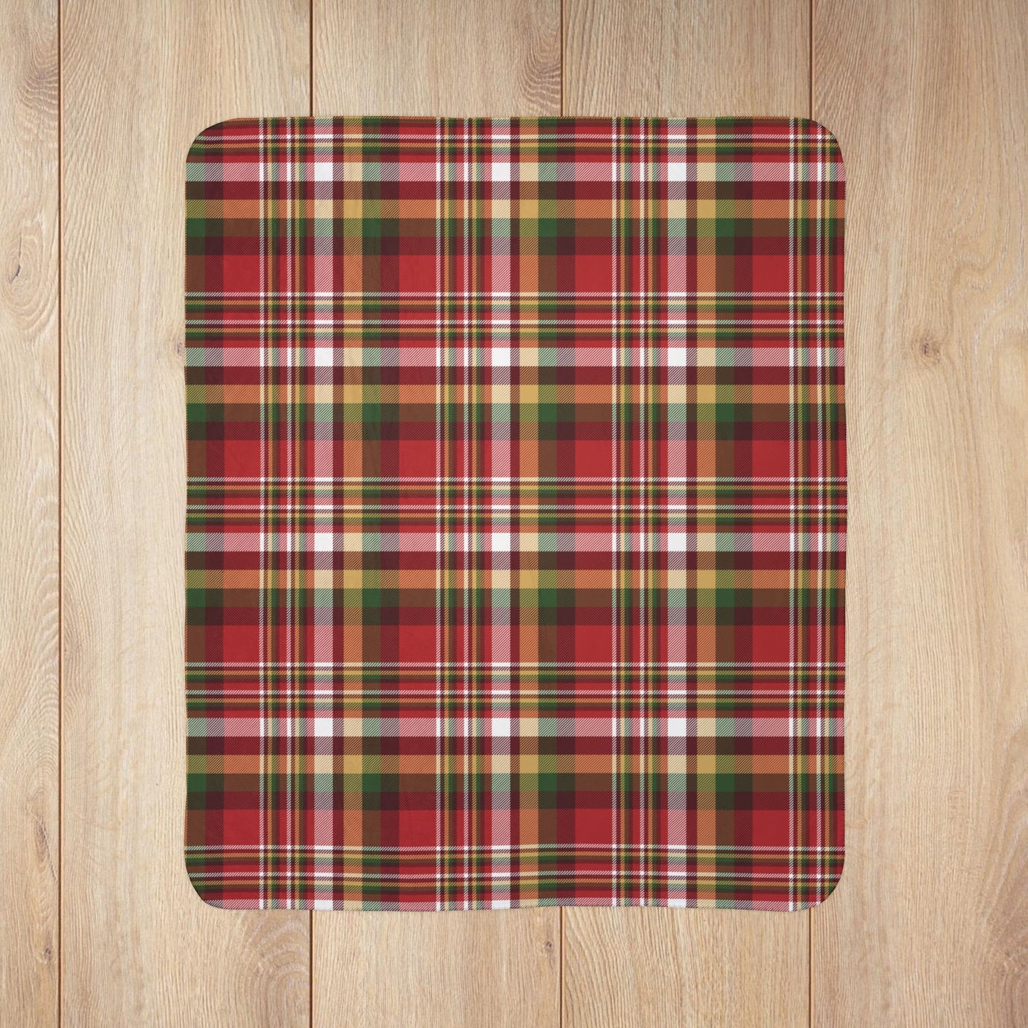 Christmas Red, Green & Gold Rustic Plaid Fleece Sherpa Blanket