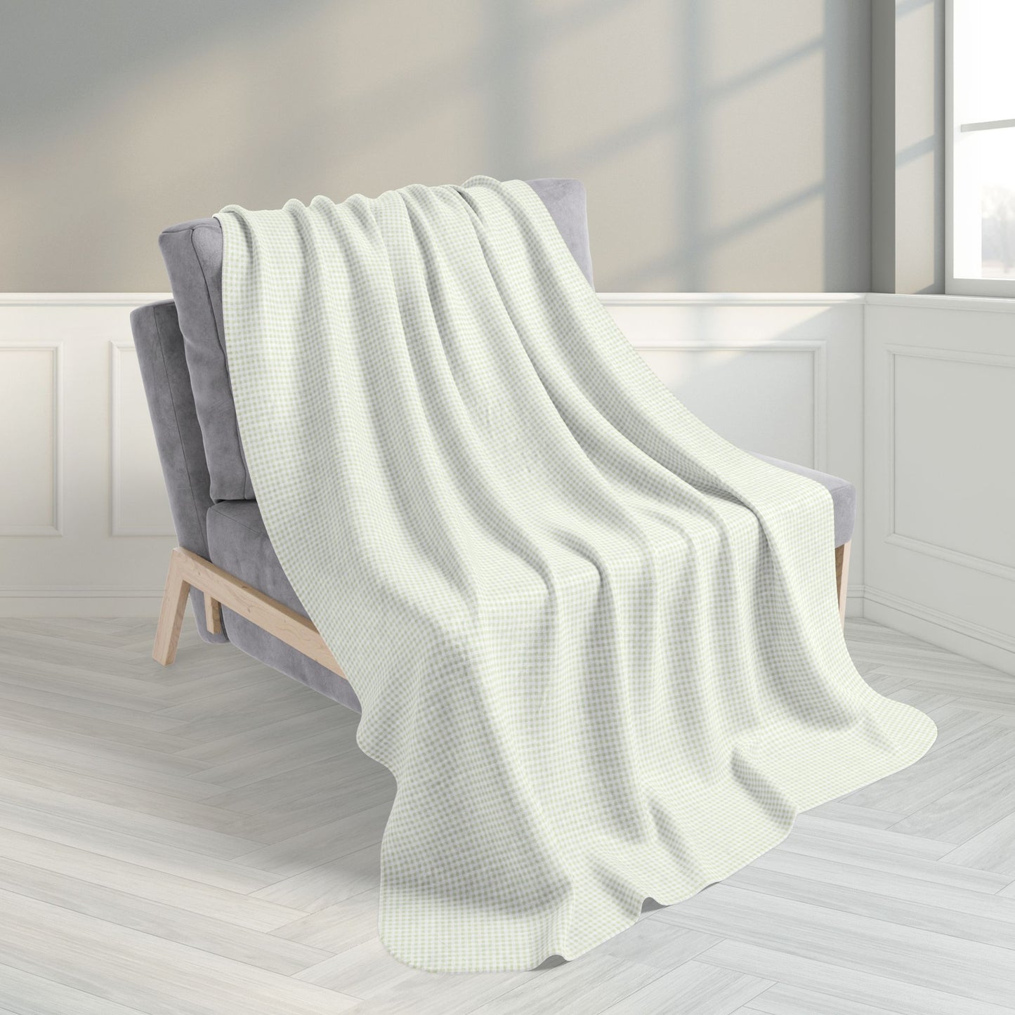 Light Green & White Gingham Fleece Sherpa Blanket