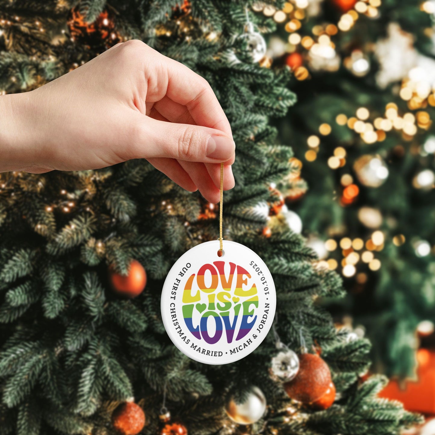 Custom Ceramic Love is Love Rainbow Pride 2.8" Circle Ornament