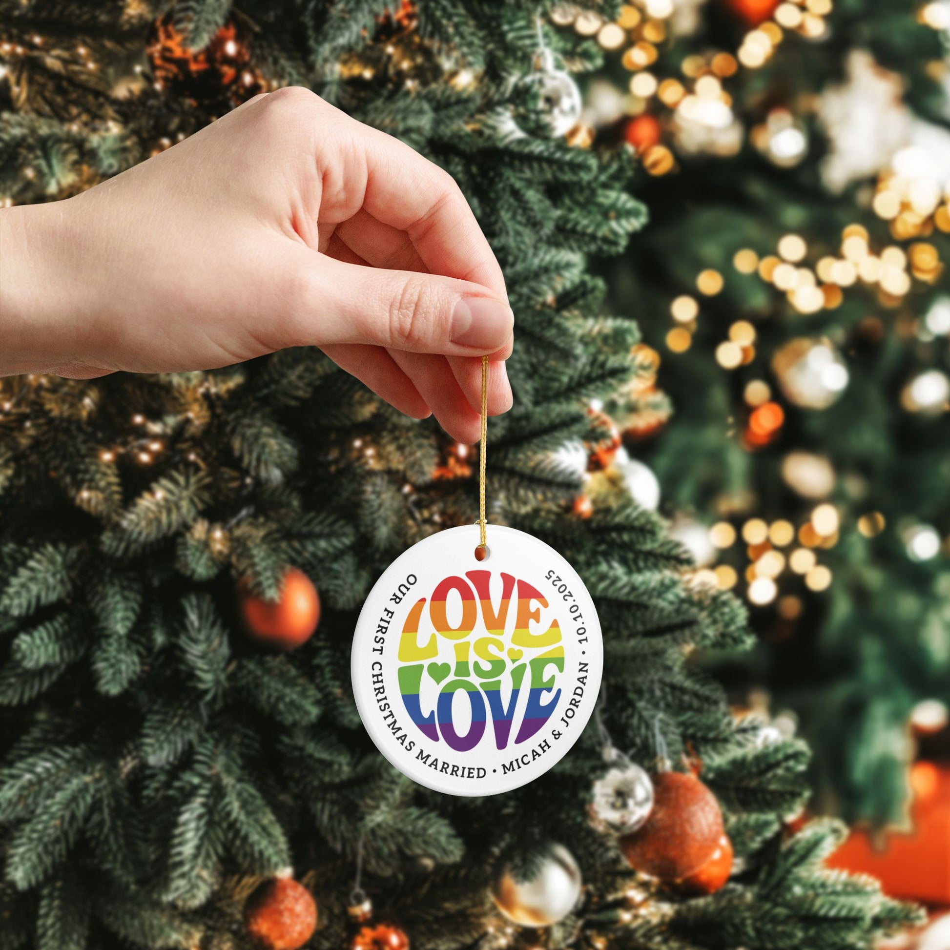 Custom Ceramic Love is Love Rainbow Pride 2.8" Circle Ornament