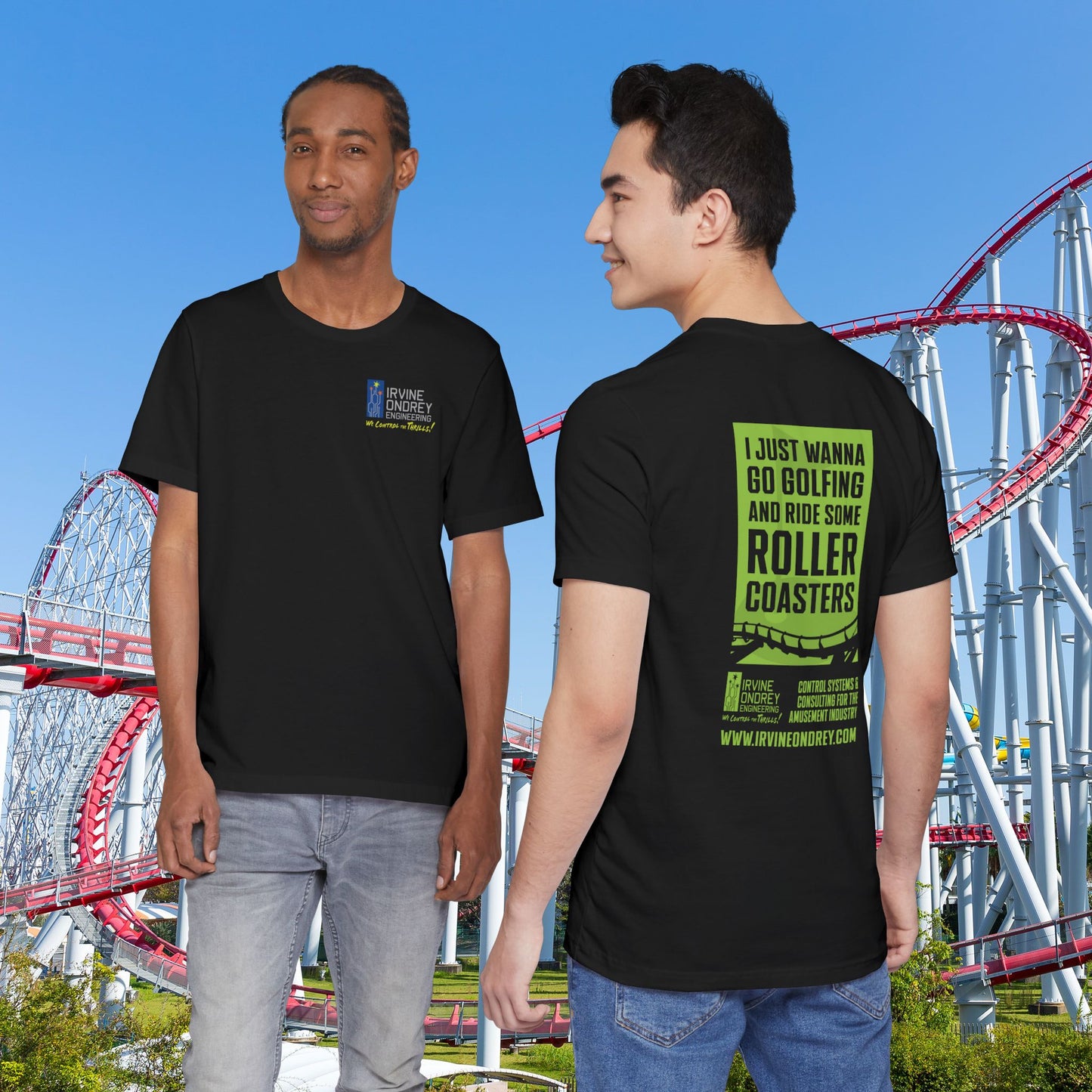 Black I Just Wanna Go Golfing & Ride Roller Coasters Tee (BACK graphic) • Irvine Ondrey Engineering
