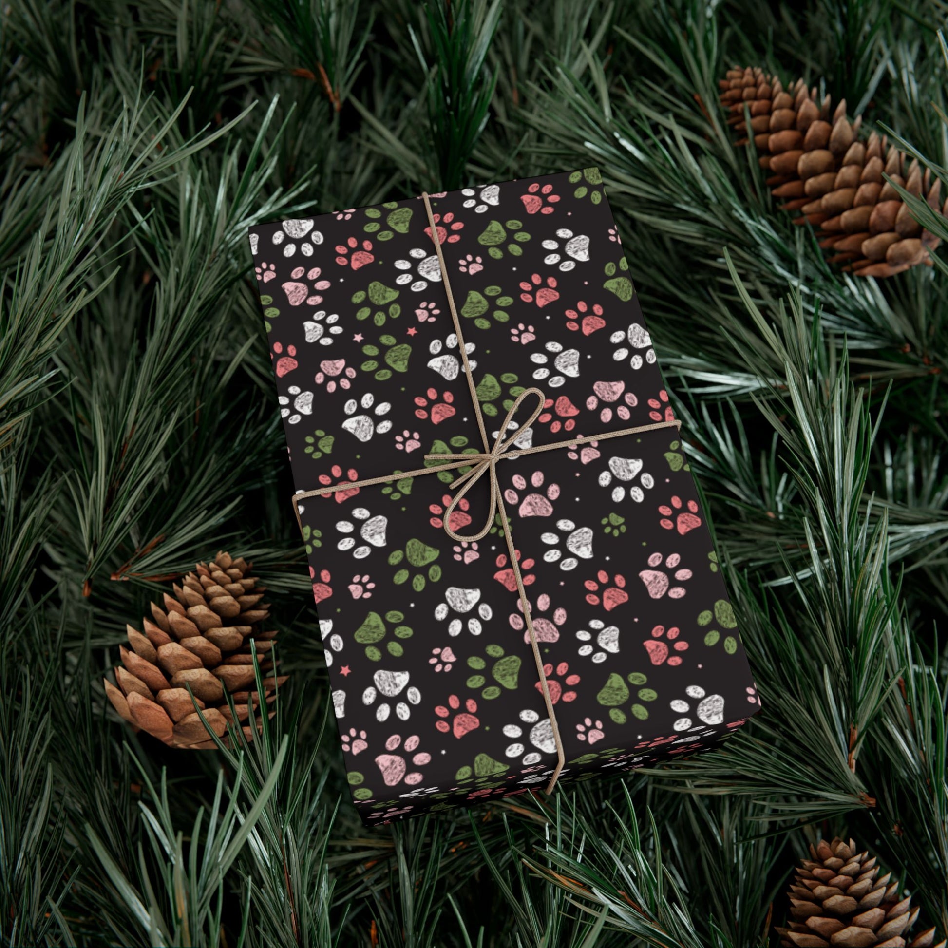 Christmas Pink, Green & White Paw Print Black Gift Wrapping Paper Roll