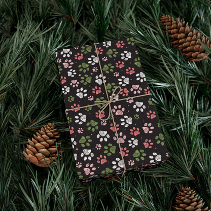 Christmas Pink, Green & White Paw Print Black Gift Wrapping Paper Roll