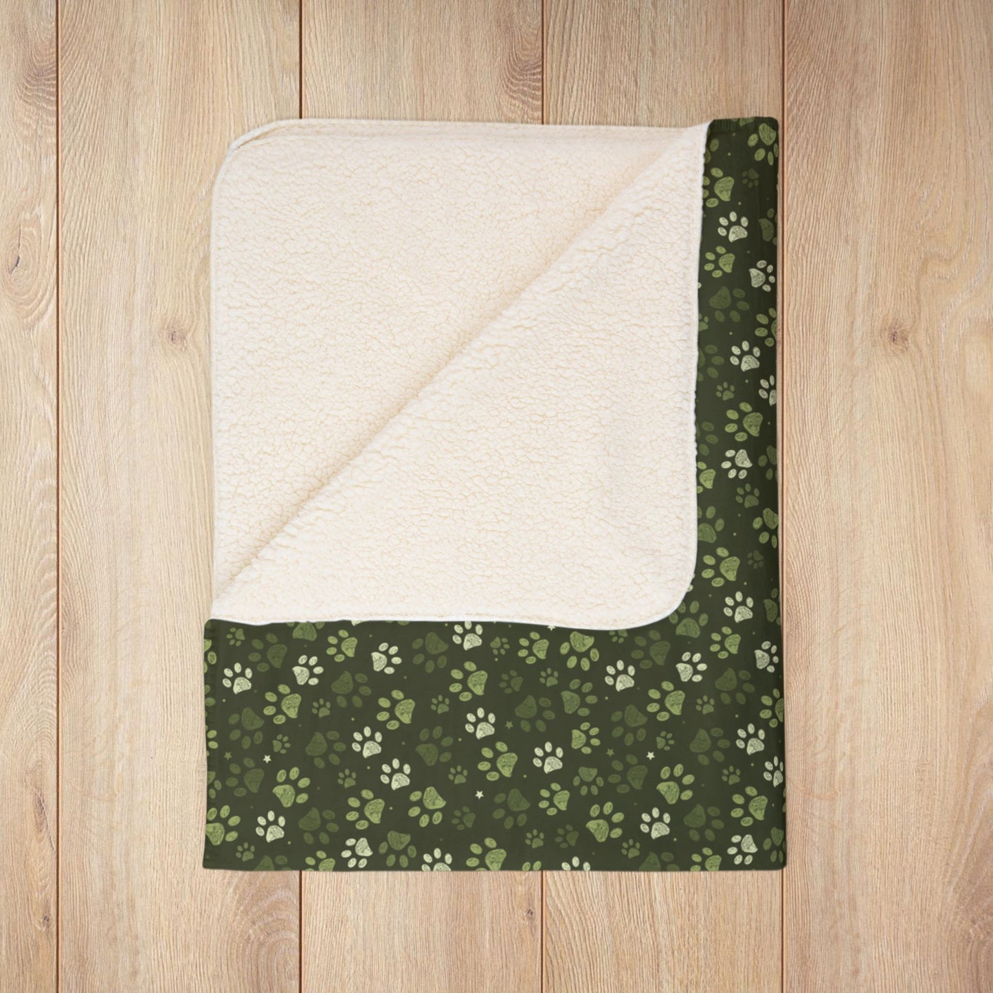 Olive Green Paw Prints Fleece Sherpa Blanket