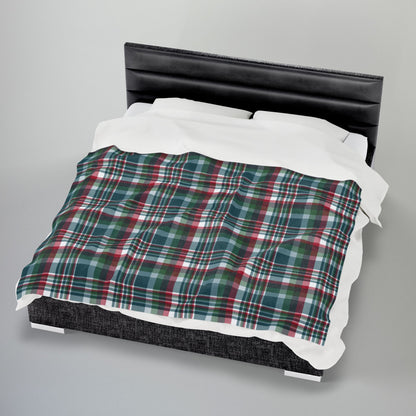 Christmas Kelly Green & Silver Philadelphia PA Plaid Velveteen Plush Blanket