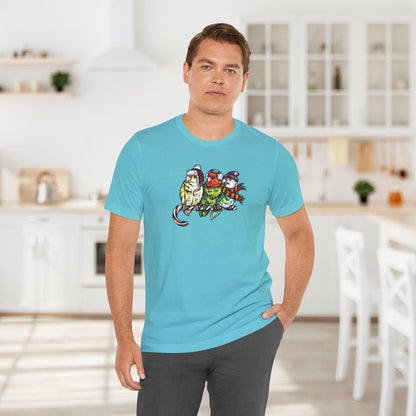 3 Lovebirds in Winter Wear & Perched on a Candy Cane, Tee