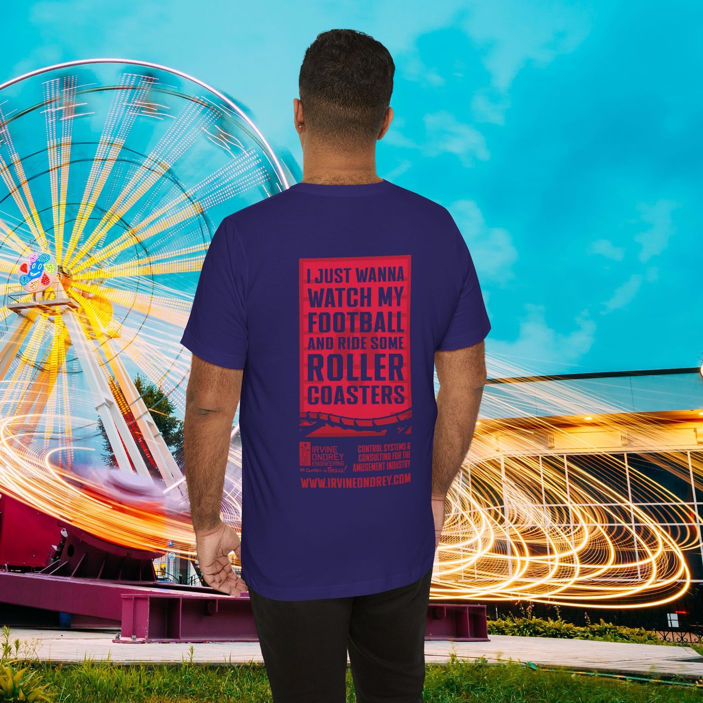 Team Navy I Just Wanna Watch Football & Ride Roller Coasters Tee (BACK graphic) • Irvine Ondrey Engineering