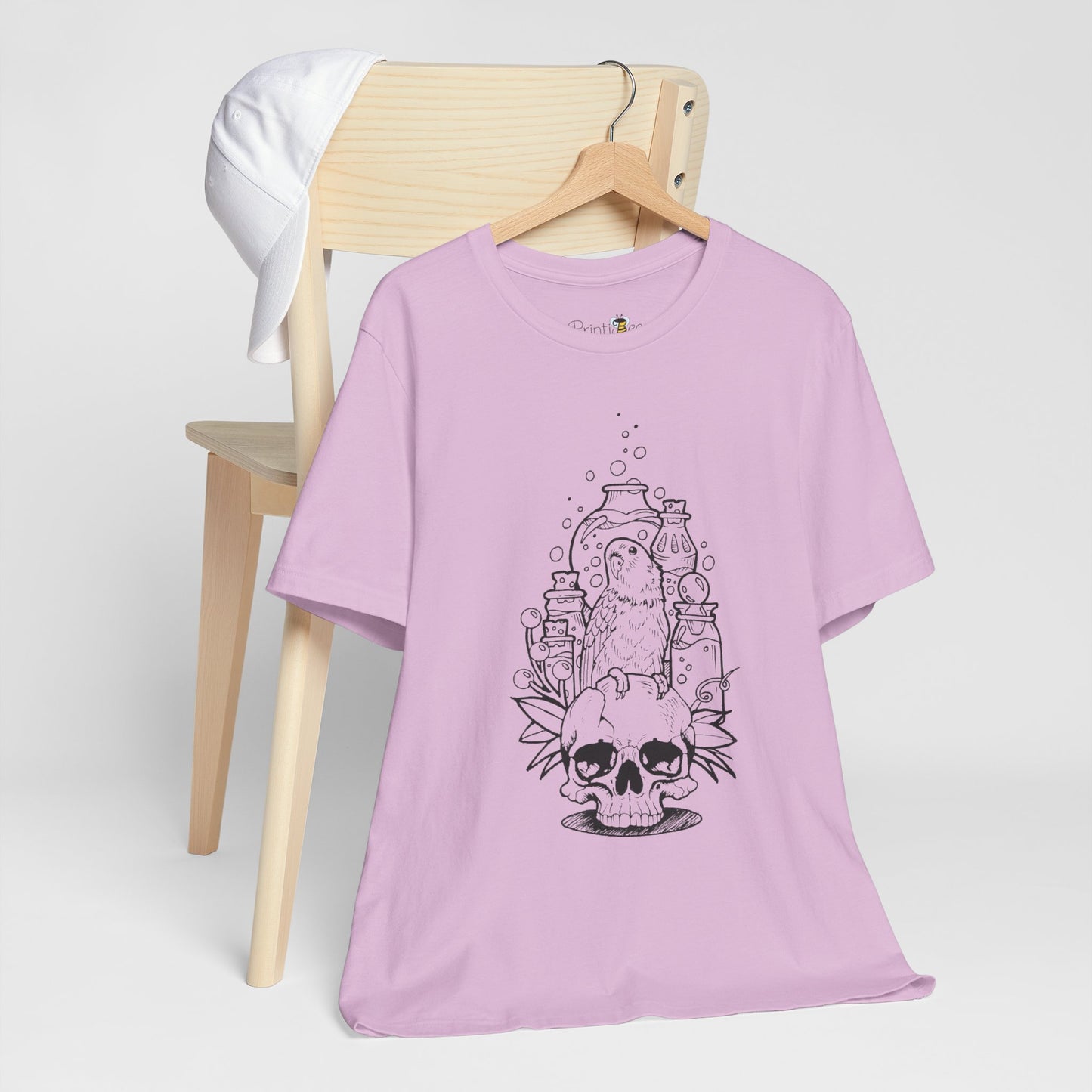 Crazy Scientist Lovebird Sitting on a Skull, Line Art Tee