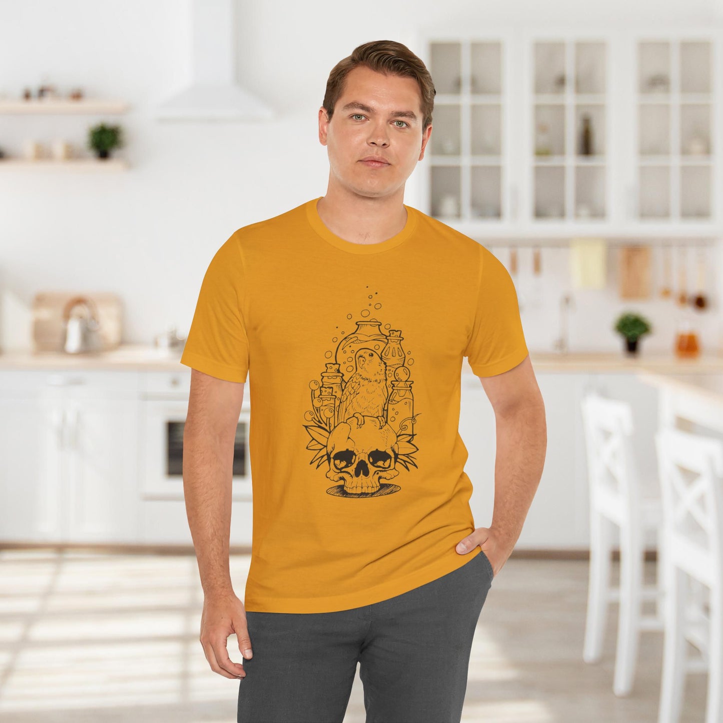 Crazy Scientist Lovebird Sitting on a Skull, Line Art Tee