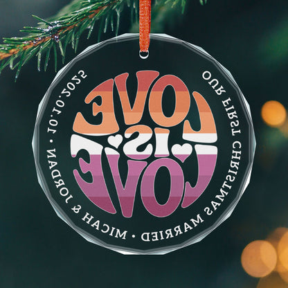 Custom Crystal Love is Love Lesbian 7-Stripe Sunset Pride 3" Circle Ornament