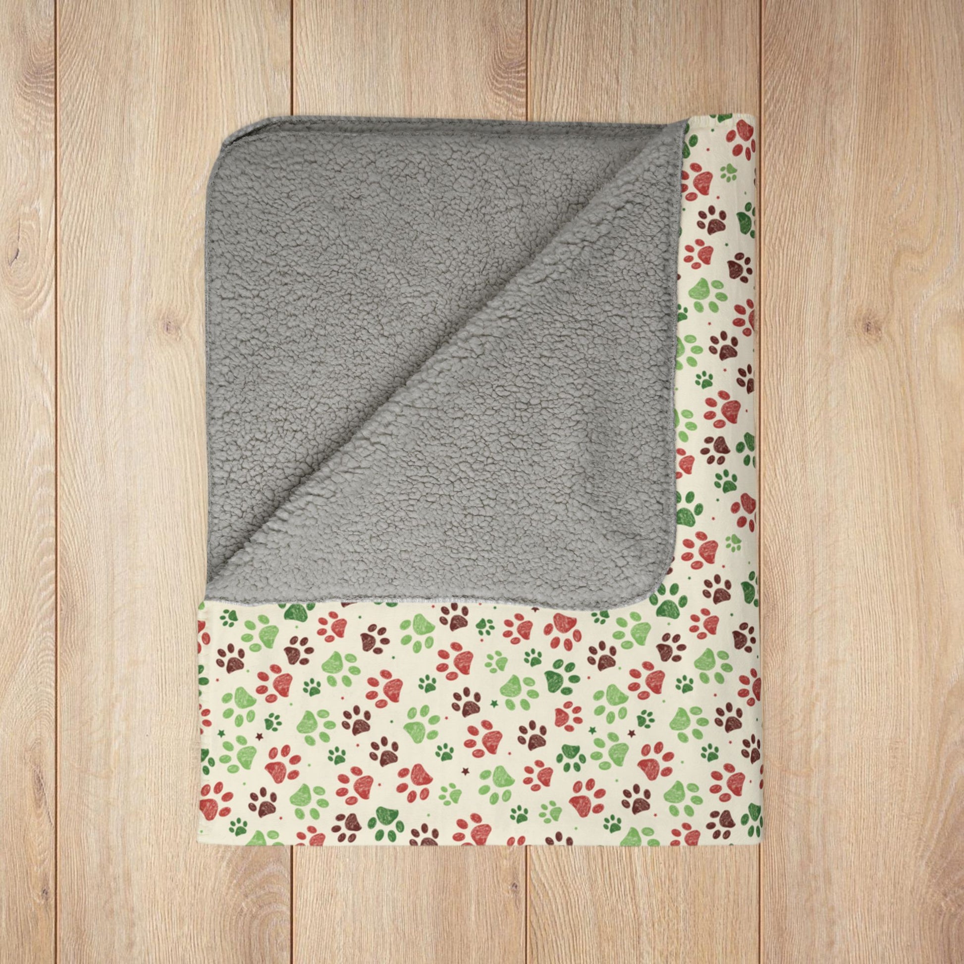 Christmas Paw Prints Cream Fleece Sherpa Blanket