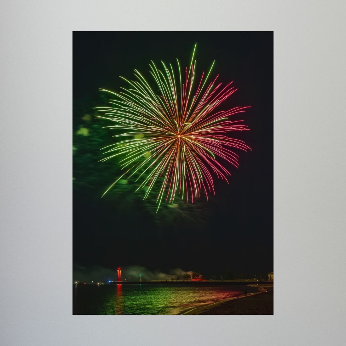 Green & Pink 4th of July Fireworks over Kenosha Pier Light Rolled Poster
