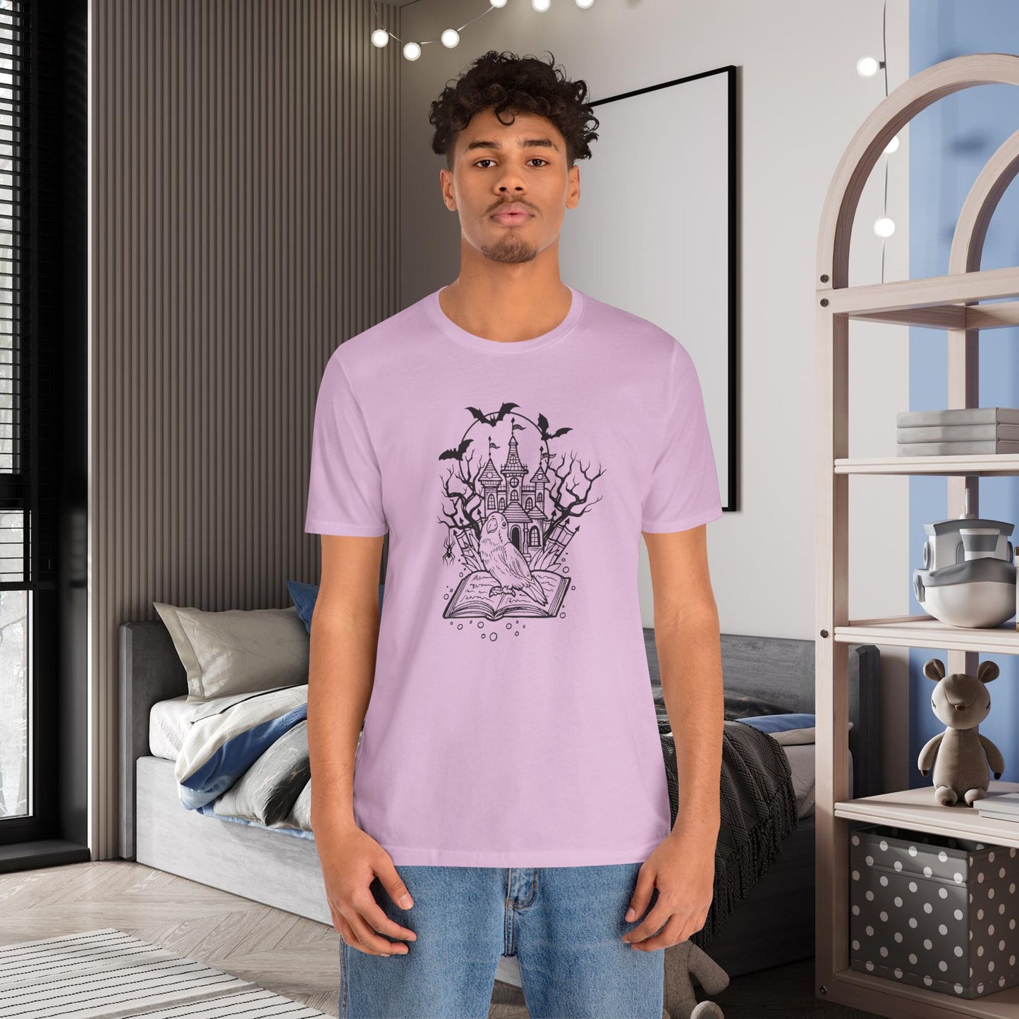 Lovebird on a Spell Book by a Haunted House, Line Art Tee