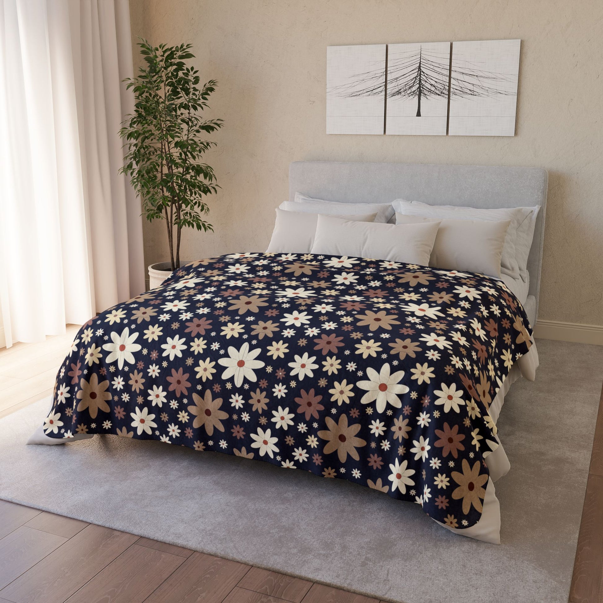 Daisies Fleece Sherpa Navy Blue Blanket