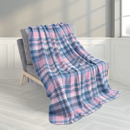 50" × 60" Baby Pink & Blue Plaid Fleece Sherpa Blanket