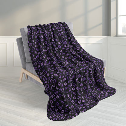 50" × 60" Purple Paw Prints Black Fleece Sherpa Blanket