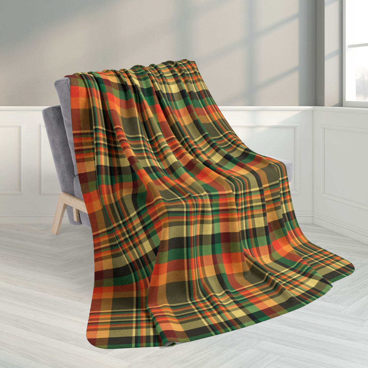 60" × 80" Dark Green, Orange & Gold Elysburg PA Plaid Fleece Sherpa Blanket