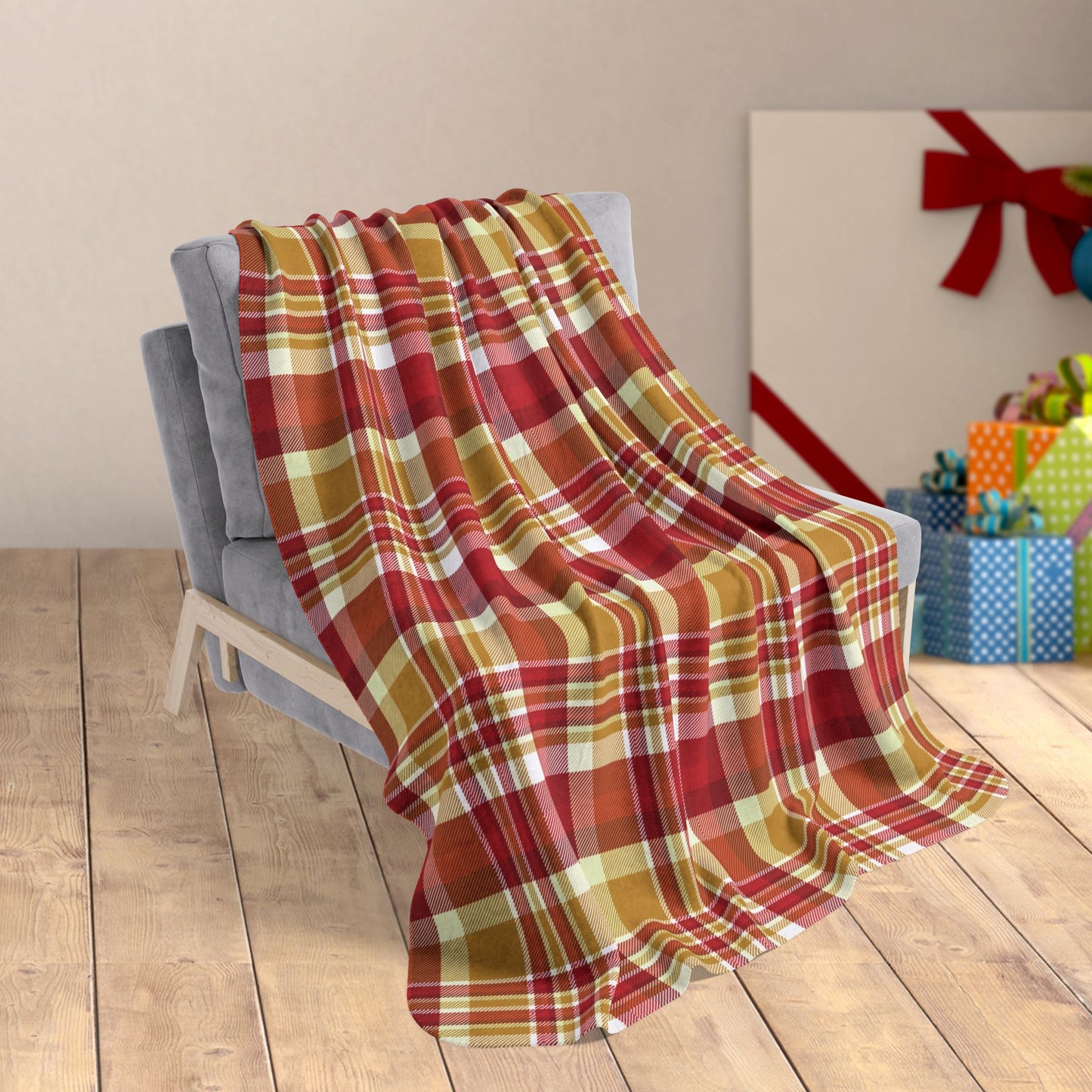 50" × 60" Christmas Gold & Red Plaid Fleece Sherpa Blanket